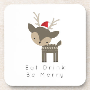 Eat Drink Be Merry Christmas Deer In Red Santa Hat Coaster