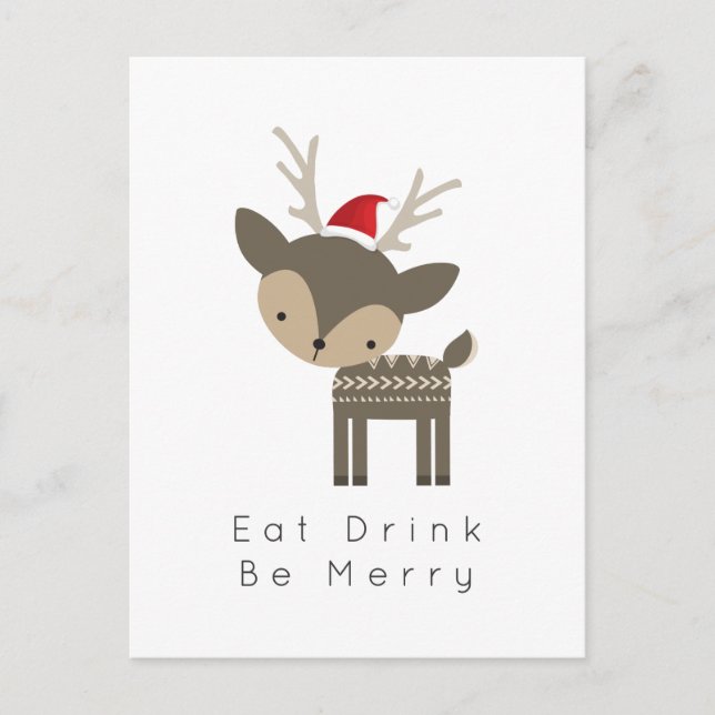 Eat Drink Be Merry Christmas Deer In Red Santa Hat Holiday Postcard (Front)