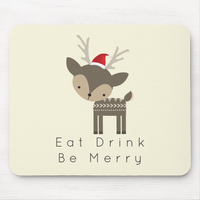 Eat Drink Be Merry Christmas Deer In Red Santa Hat Mouse Pad (Front)