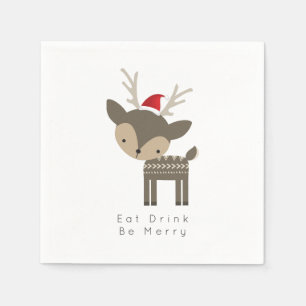 Eat Drink Be Merry Christmas Deer In Red Santa Hat Napkin