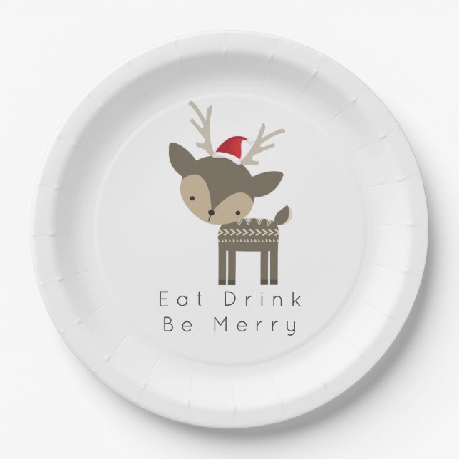 Eat Drink Be Merry Christmas Deer In Red Santa Hat Paper Plate (Front)