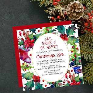 Eat Drink & Be Merry Christmas Eve Floral Invitation