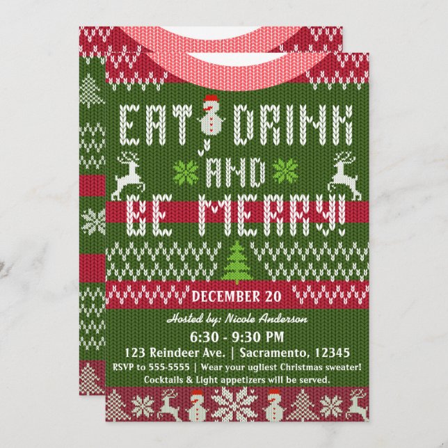 Eat Drink Be Merry Christmas Holiday Knit Sweater Invitation (Front/Back)