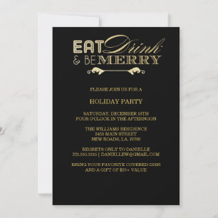 Eat Drink Be Merry Christmas Party   Gold Glitter Invitation