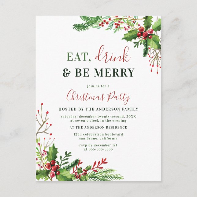 Eat, Drink & Be Merry | Christmas Party Invitation Postcard (Front)