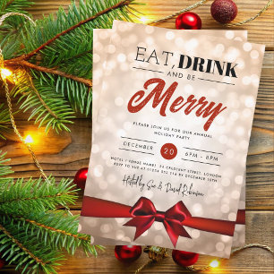 Eat, Drink Be Merry Copper Bokeh Holiday Xmas Bow Invitation