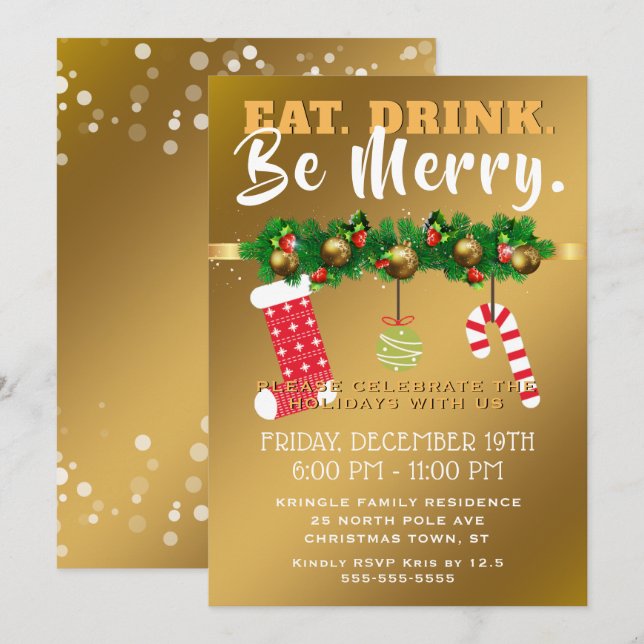 Eat Drink Be Merry Festive Gold Holiday Party Invitation (Front/Back)