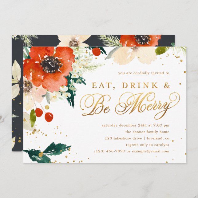 Eat, Drink & Be Merry Floral Holiday Party Invitation (Front/Back)