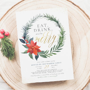 Eat Drink & Be Merry   Gold Christmas Dinner Party Invitation