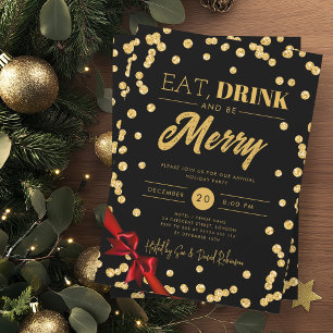 Eat, Drink Be Merry Gold Glitter Xmas Ribbon Black Invitation