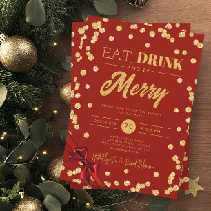 Eat, Drink Be Merry Gold Glitter Xmas Ribbon Red Invitation