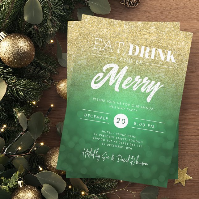 Eat, Drink Be Merry Gold Green Bokeh Holiday Xmas  Invitation (Eat, Drink Be Merry Gold Green Bokeh Holiday Xmas Invitation)