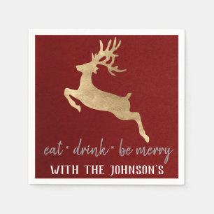 Eat Drink Be Merry Gold Reindeer Burgundy Grey Napkin