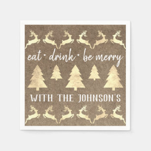 Eat Drink Be Merry Gold Reindeer Kraft Bronze Whit Napkin