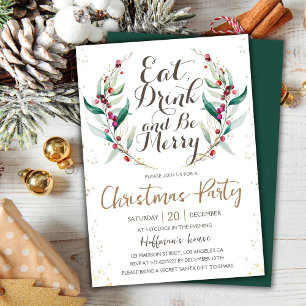 Eat Drink & Be Merry   Gold Wreath Christmas Party Invitation