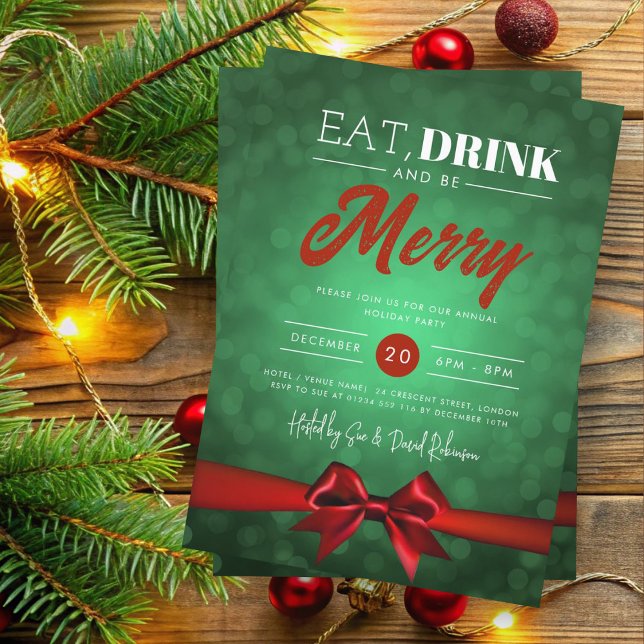 Eat, Drink Be Merry Green Bokeh Holiday Red Bow Invitation (Creator Uploaded)