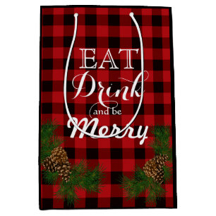 Eat, drink, be merry - Holiday pinecone red plaid Medium Gift Bag