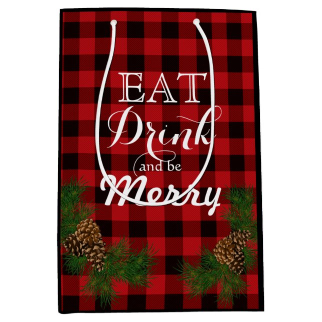 Eat, drink, be merry - Holiday pinecone red plaid  Medium Gift Bag (Front)
