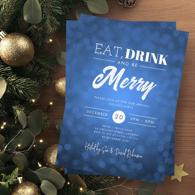 Eat, Drink Be Merry Navy Bokeh Holiday Xmas  Invitation (Creator Uploaded)