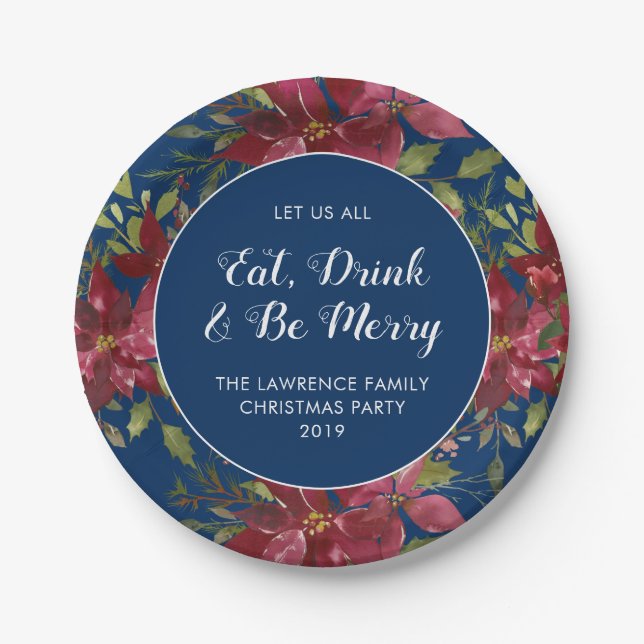 Eat Drink Be Merry Navy Floral Christmas Party Paper Plate (Front)