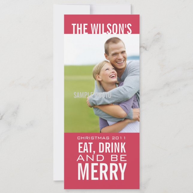 EAT DRINK BE MERRY PHOTO CHRISTMAS CARD Pink (Front)