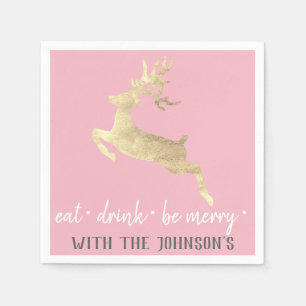 Eat Drink Be Merry Pink Grey White Gold Reindeer Napkin