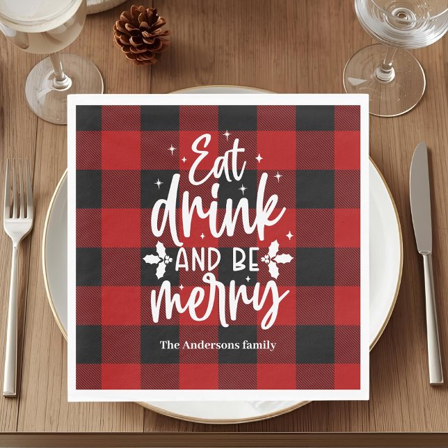 Eat Drink & Be Merry Red Buffalo Plaid Christmas  Napkin (Creator Uploaded)