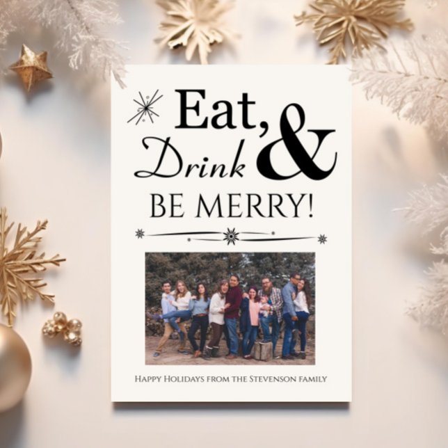 Eat Drink Be Merry Retro Black White Christmas Invitation (Creator Uploaded)