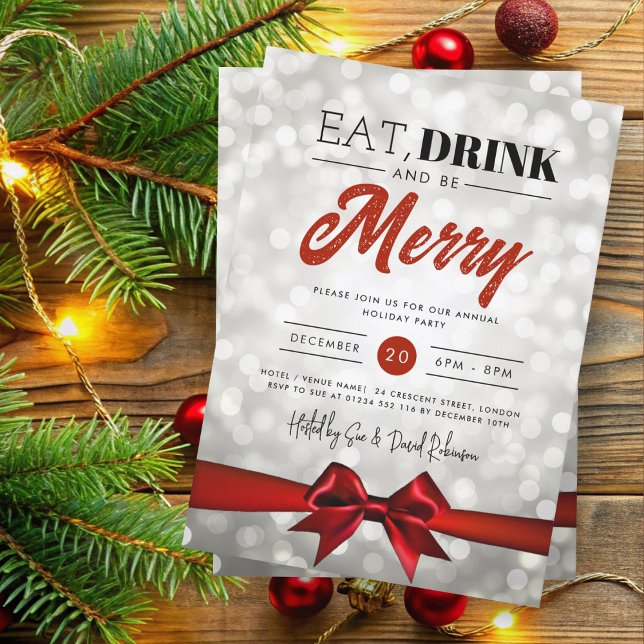 Eat, Drink Be Merry Silver Bokeh Holiday Xmas Bow Invitation (Creator Uploaded)