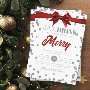 Eat Drink Be Merry Silver Glitter Holiday Xmas Bow Invitation