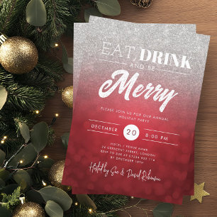 Eat, Drink Be Merry Silver Red Bokeh Holiday Xmas  Invitation