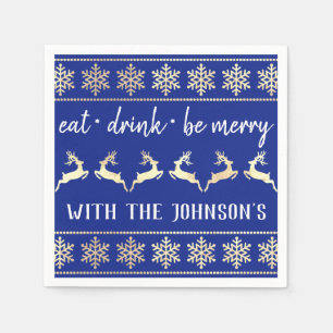 Eat Drink Be Merry White Gold Reindeer Blue Indigo Napkin