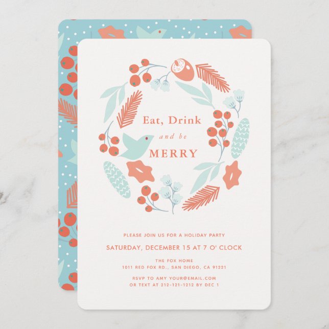 Eat Drink Be Merry Wreath Christmas Holiday Party Invitation (Front/Back)