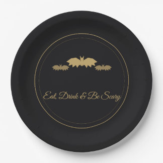 Eat, Drink & Be Scary Gold Bats Halloween Paper Plate