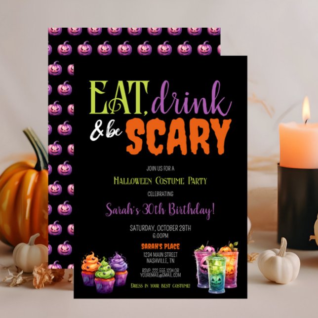 Eat, Drink & Be Scary Halloween Birthday Party Invitation (Eat, Drink & Be Scary Halloween Party Invitation, Creepy Food & Drink Theme, Pumpkins, Purple Orange)