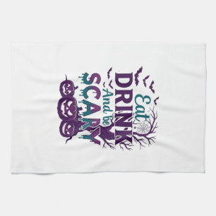 Eat Drink Be Scary Halloween Spooky Tree Pumpkins_ Tea Towel