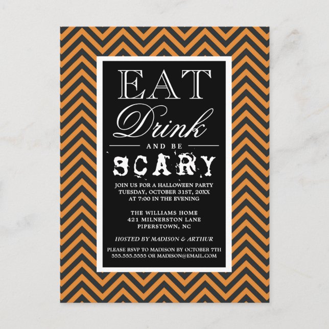 Eat Drink & Be Scary | Happy Halloween Party Invitation Postcard (Front)