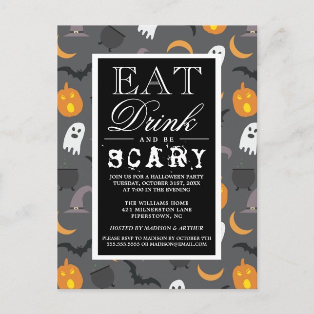 Eat Drink & Be Scary | Happy Halloween Party Invitation Postcard (Front)