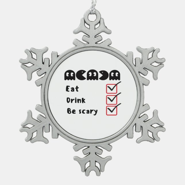 Eat Drink Be Scary Minimal Clean Snowflake Pewter Christmas Ornament (Front)