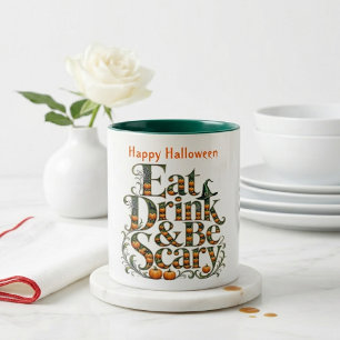 Eat Drink & Be Scary Modern Typography Halloween Two-Tone Coffee Mug