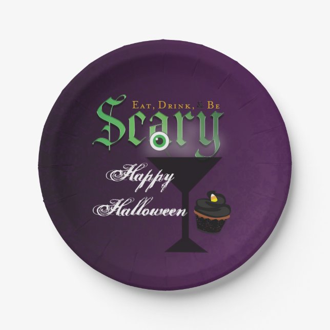Eat Drink Be Scary Purple Halloween Party Plates (Front)