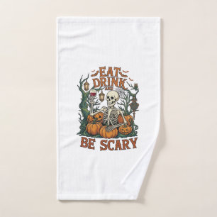 Eat Drink Be Scary Skeleton Halloween Pumpkins_1 Hand Towel