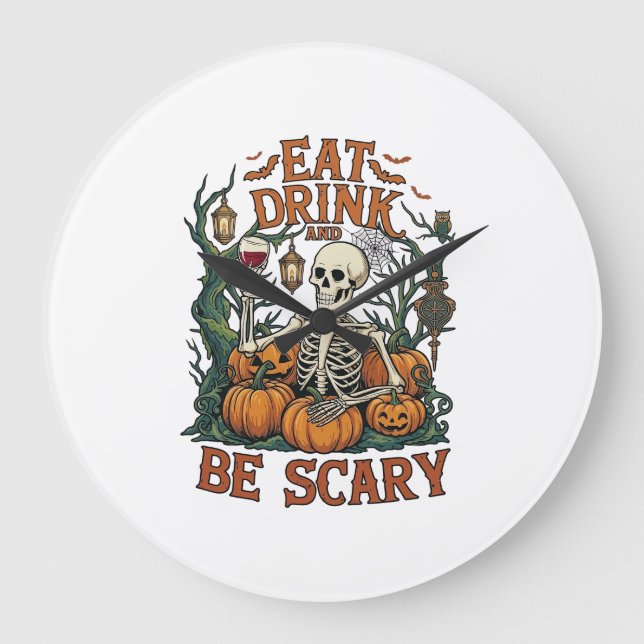 Eat Drink Be Scary Skeleton Halloween Pumpkins_1 Large Clock (Front)