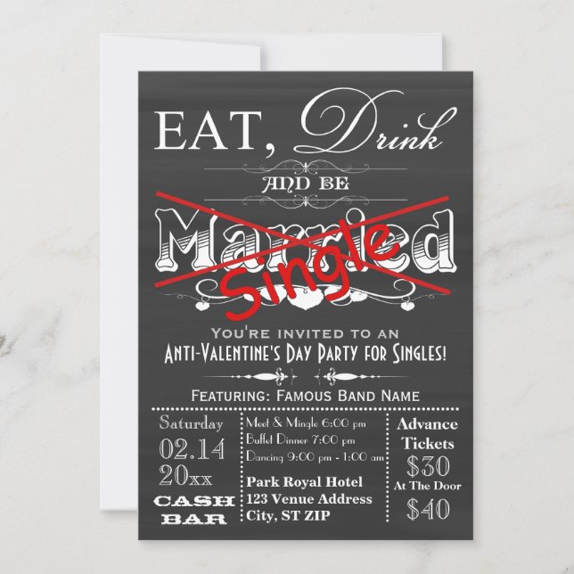 Eat, Drink, & Be Single Chalkboard Singles Party Invitation (Front)