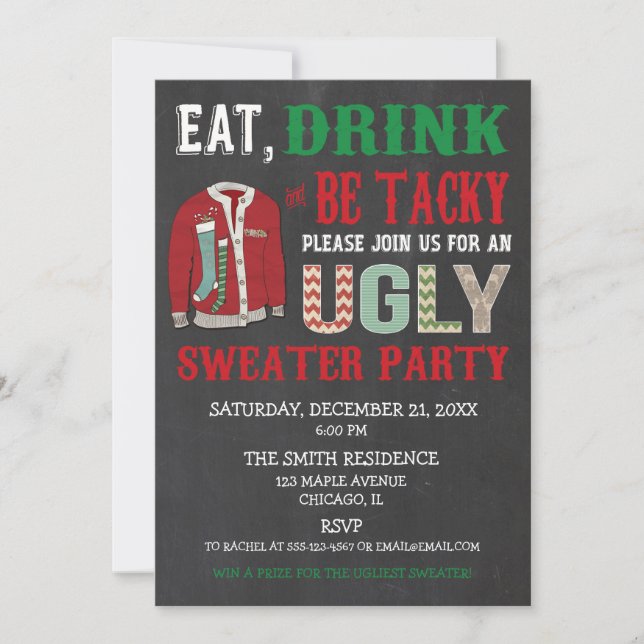 Eat Drink be Tacky Ugly Sweater Christmas Party Invitation (Front)