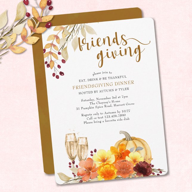 Eat Drink be Thankful Autumn Flowers Friendsgiving Invitation (Creator Uploaded)