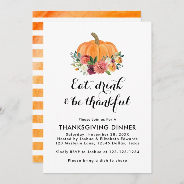 Eat Drink & Be Thankful Thanksgiving Dinner Invitation (Front/Back)