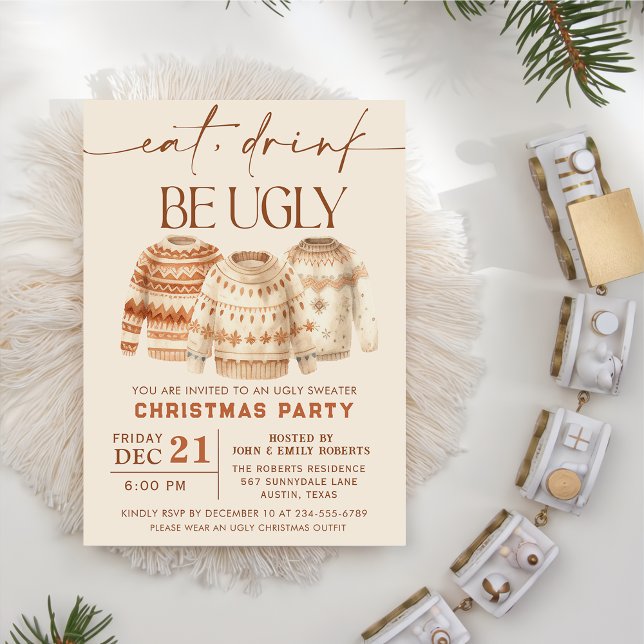 Eat Drink Be Ugly Sweater Christmas Holiday Party Invitation (Creator Uploaded)