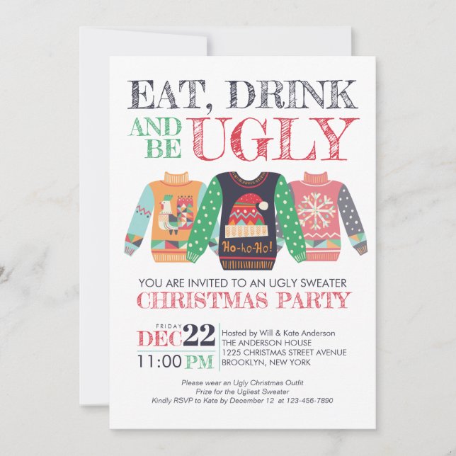 Eat Drink Be Ugly Sweater Christmas Holiday Party Invitation (Front)