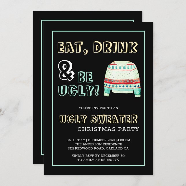 Eat, Drink, be Ugly Sweater Christmas Invitation (Front/Back)
